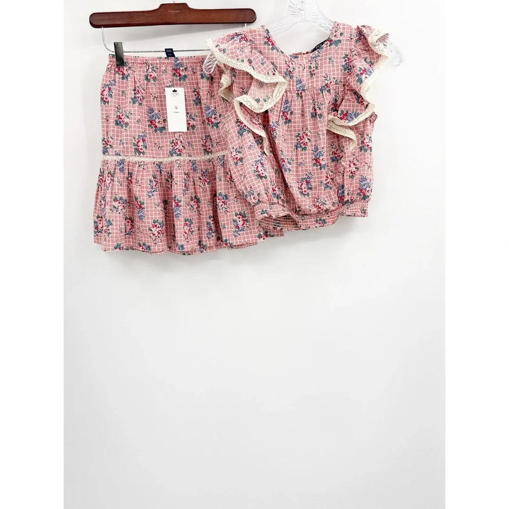 Polo Ralph Lauren Kids Pink Floral Grid Ruffle Top and Skirt Set Size 14